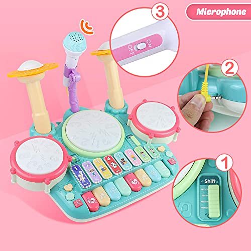 Tambor Infantil - Instrumentos Musicales Infantiles Batería Juguete con Microfono Canciones Infantil Kit de Bateria Musical Piano Xilófono Idea de Regalo Juguetes para Bebe Niños niña 3 4 5 6 Años