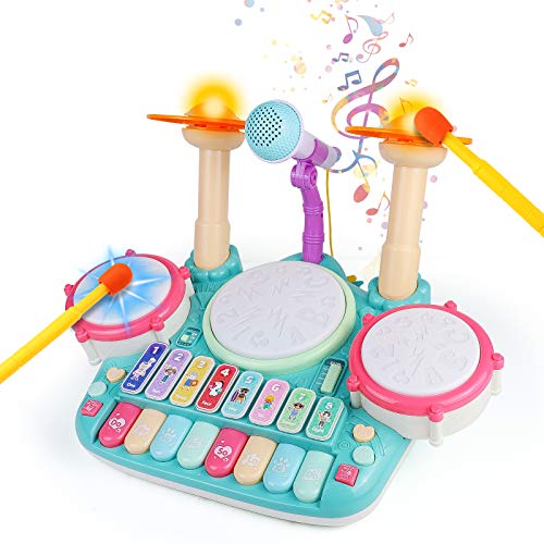 Tambor Infantil - Instrumentos Musicales Infantiles Batería Juguete con Microfono Canciones Infantil Kit de Bateria Musical Piano Xilófono Idea de Regalo Juguetes para Bebe Niños niña 3 4 5 6 Años