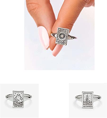 Tarot Card Ring - 3 Pcs Vintage Tarot Card Adjustable Ring Jewelry Set, The Sun Tarot Card Ring for Women Girls Astrology Divination Magic Amulet Ring Band