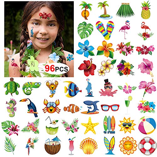 Tatuajes Temporales Para Niños Niñas adultos, Konsait 96pcs Hawaiana Tropical Tatuaje Falso Pegatinas Para Decoración de Fiesta de Verano, Infantiles fiesta de cumpleaños regalo Bolsas Relleno