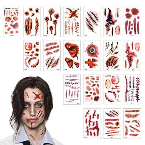 TAZEMAT Halloween Tatuajes Temporales 20 Hojas Tatuaje Cicatrices Herida Sangre Pegatinas Zombie Vampiro Maquillaje Horror para Fiesta de Disfraz Cosplay Mujeres Hombres Niños Múltiple Patrón