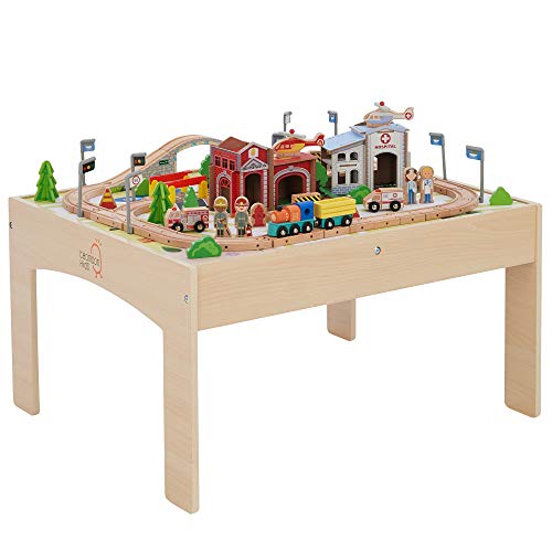 Teamson Kids Juguete De Tren De Madera para Niños con Mesa Y Pista (85 Piezas) (Brio Comp) PS-T0004