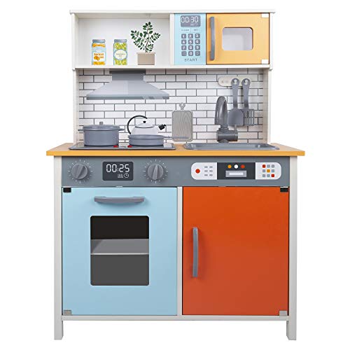 Teamson - Niños, Cocina juguete madera, Set infantil, Cocina para niños 3 años, Accesorios utensilios cocina, Juguete Luz y Sonidos, Juego de imitación, Cocina infantil color naranja (85382)