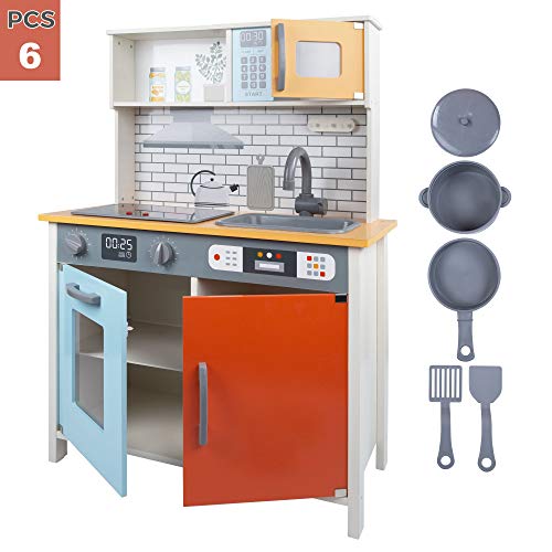 Teamson - Niños, Cocina juguete madera, Set infantil, Cocina para niños 3 años, Accesorios utensilios cocina, Juguete Luz y Sonidos, Juego de imitación, Cocina infantil color naranja (85382)