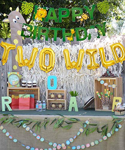 Tema de la jungla Suministros para la fiesta de segundo cumpleaños Globos de safari Decoraciones del kit de arco de guirnaldas, DOS globos de animales SALVAJES, hojas de palma artificiales verdes