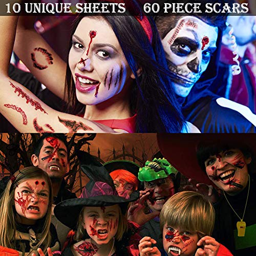 Temporay Tattoos, 10 hojas de diseño diferentes, Halloween Zombie Scars Tattoos Stickers con Fake Scab Blood Special Fx Body Makeup Props