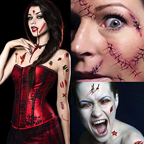 Temporay Tattoos, 10 hojas de diseño diferentes, Halloween Zombie Scars Tattoos Stickers con Fake Scab Blood Special Fx Body Makeup Props