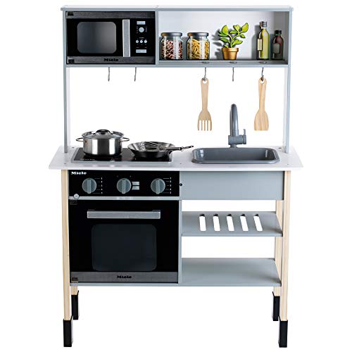 Theo Klein 7199 Cocina Miele, Cocina blanca de madera que incluye placa de cocción con luz y sonido, Medidas: 70 cm x 30 cm x 91 cm, Elegantes accesorios de cocina de acero inoxidable y madera