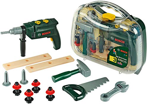 Theo Klein 8416 Maletín de herramientas Bosch, grande, Set de herramientas de 16 piezas, Incluye taladro con luz y sonido a pilas, Medidas: 32 cm x 8 cm x 29 cm, Juguete para niños a partir de 3 años