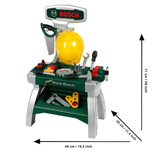 Theo Klein 8612 Banco de trabajo Junior 2+ de Bosch, Incluye casco, tornillo de banco, herramientas, listones, clavos, tornillos y tuercas, Medidas: 49 cm x 29 cm x 71 cm