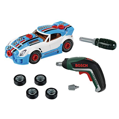 Theo Klein 8630 Set de tuneado Bosch, Coche desmontable con accesorios de tuneado, Con destornillador eléctrico a pilas, Medidas del embalaje: 30 cm x 6,5 cm x 25 cm,