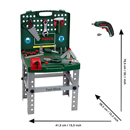 Theo Klein 8676 Banco de trabajo Bosch, Con destornillador eléctrico Ixolino de Bosch a pilas, Plegable y fácil de transportar, Medidas: 41.5 cm x 8.5 cm 76.5 cm, Juguete para niños a partir de 3 años