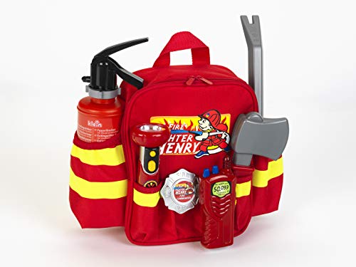 Theo Klein 8900 Mochila de bomberos Fire Fighter Henry, Con linterna a pilas, extintor y mucho más, Mochila robusta con reflector y correas ajustables, Medidas: 28 cm x 25 cm x 8,5 cm,