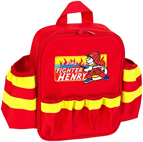 Theo Klein 8900 Mochila de bomberos Fire Fighter Henry, Con linterna a pilas, extintor y mucho más, Mochila robusta con reflector y correas ajustables, Medidas: 28 cm x 25 cm x 8,5 cm,