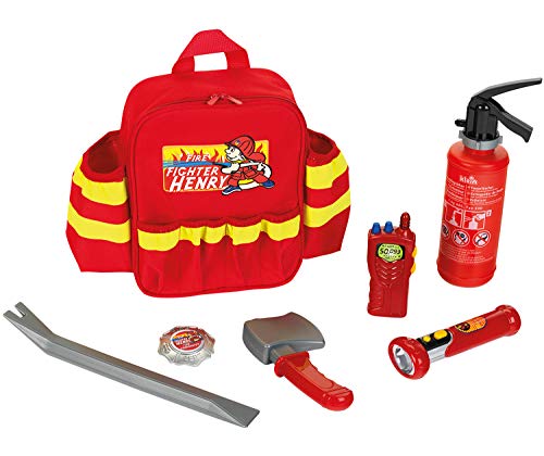 Theo Klein 8900 Mochila de bomberos Fire Fighter Henry, Con linterna a pilas, extintor y mucho más, Mochila robusta con reflector y correas ajustables, Medidas: 28 cm x 25 cm x 8,5 cm,