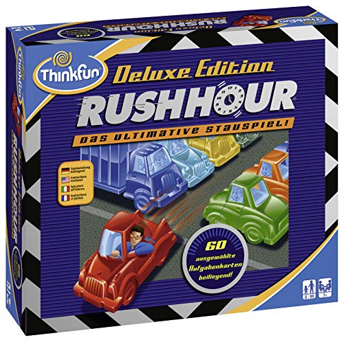 ThinkFun 76338 76305 Rush Hour - El Famoso Juego de congestión en la edición Deluxe con vehículos en Aspecto metálico, Juego lógico para Adultos y niños a Partir de 8 años