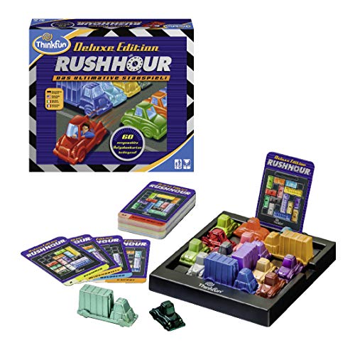 ThinkFun 76338 76305 Rush Hour - El Famoso Juego de congestión en la edición Deluxe con vehículos en Aspecto metálico, Juego lógico para Adultos y niños a Partir de 8 años