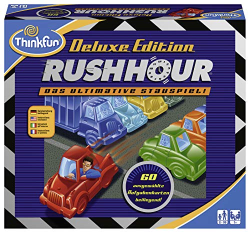 ThinkFun 76338 76305 Rush Hour - El Famoso Juego de congestión en la edición Deluxe con vehículos en Aspecto metálico, Juego lógico para Adultos y niños a Partir de 8 años