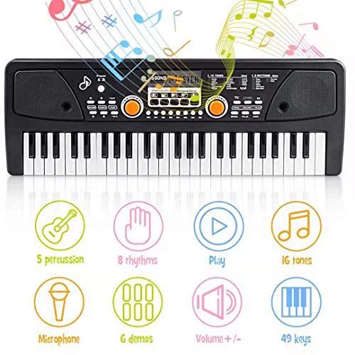 TianYaer Teclado Electrónico Piano 49 Teclas, Teclado de Piano Portátil con Micrófono Teclado portátil Regalo para Niño, Niña Principiantes