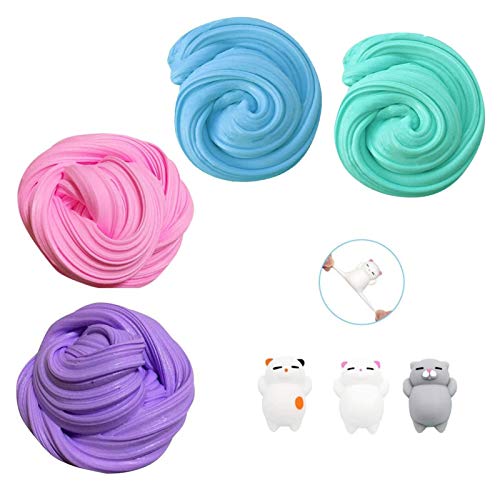 TIME4DEALS Fluffy Slime Kit, 4-Pack Jumbo Floam Slime Kit para Niños Adolescentes Adultos para el Alivio del estrés, Ideal para Ejercicios de Mano y Dedos (3pcs Squishy Gatos incluir)