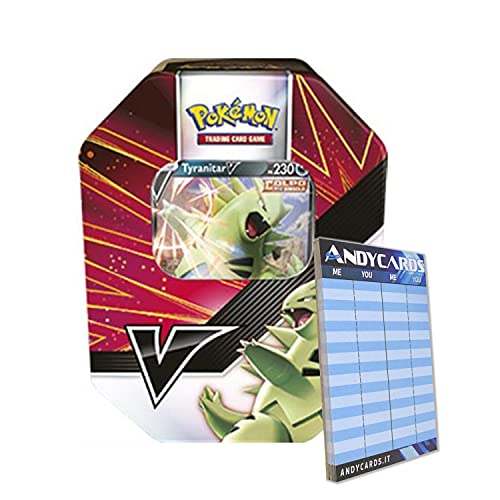 Tin Pokémon TYRANITAR V en italiano – Papel promo y 4 sobres + marcador de puntadas Andycards