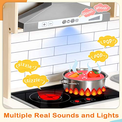 Tiny Land Cocina Juguete para niños con 18 Accesorios de Comida y Utensilios de Cocina de Juguete Juego de Juego de Chef de Madera para niños pequeños con Luces y Sonidos Reales