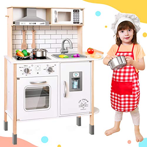 Tiny Land Cocina Juguete para niños con 18 Accesorios de Comida y Utensilios de Cocina de Juguete Juego de Juego de Chef de Madera para niños pequeños con Luces y Sonidos Reales