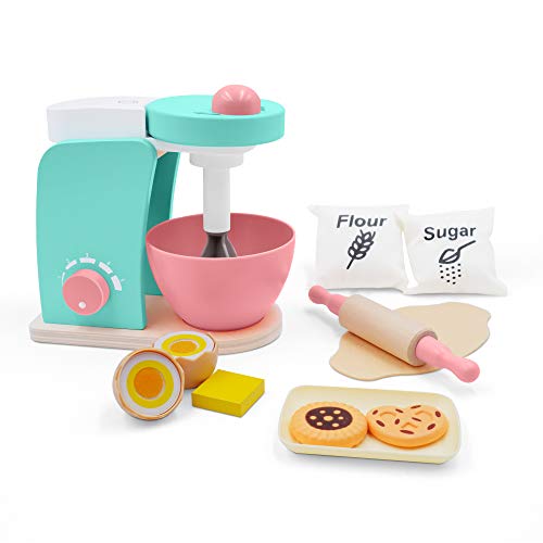 Tiny Land Juego de Mezclador de Galletas y Hornear de Juguete de Cocina de Madera (14 Piezas) - Juguete Interactivo de Aprendizaje temprano, Juego Exclusivo de Huevo, Rodillo y Galletas