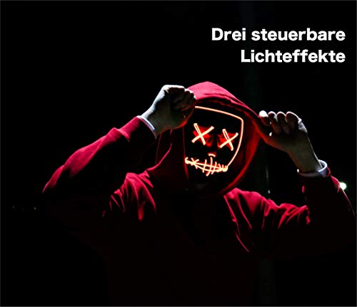 TK Gruppe Timo Klingler Máscara de terror LED roja - como de Purge con 3 efectos de luz, controlable, para Halloween como disfraz para hombres y mujeres (red)