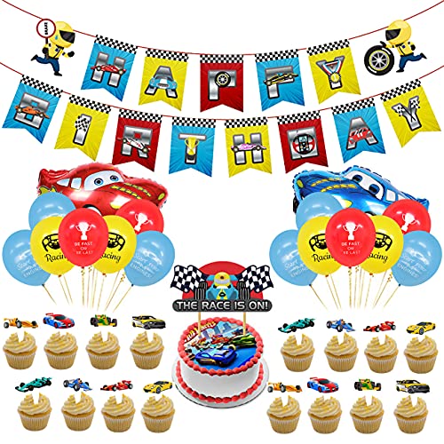 Tomicy Juego de Cumpleaños de Cars Lightning McQueen Party Supplies Car temática Globos Cumpleaños Pancartas Decoración para Fiestas Adorno de Torta para Niños Ducha de Bebé Fiesta de Cumpleaños