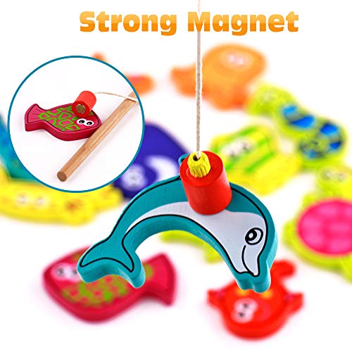 TONZE Juguetes de Madera Juego Pescar Peces Magneticos-Juegos de Mesa para Niños Bloques Magneticos Juguetes Montessori 15 Piezas,Juegos Educativos Navidad Regalos Juguetes Niños Niña 3 4 5 6 Años