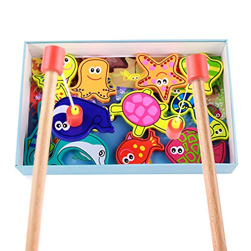 TONZE Juguetes de Madera Juego Pescar Peces Magneticos-Juegos de Mesa para Niños Bloques Magneticos Juguetes Montessori 15 Piezas,Juegos Educativos Navidad Regalos Juguetes Niños Niña 3 4 5 6 Años