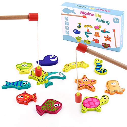 TONZE Juguetes de Madera Juego Pescar Peces Magneticos-Juegos de Mesa para Niños Bloques Magneticos Juguetes Montessori 15 Piezas,Juegos Educativos Navidad Regalos Juguetes Niños Niña 3 4 5 6 Años