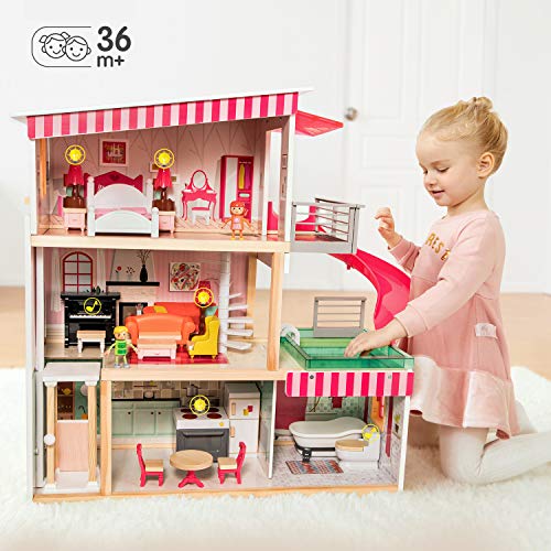 TOP BRIGHT Casa de muñecas con muebles y muñecas, casa de muñecas de madera para niñas de 3 años en adelante, 18 muebles con sonidos y luces