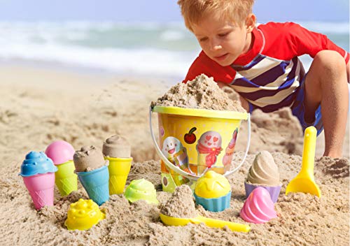 Top Race - Juguetes de playa para niños, juego de cubo y pala de cuchara, 16 moldes amarillos para helado de arena, para niños de 4 a 9 años