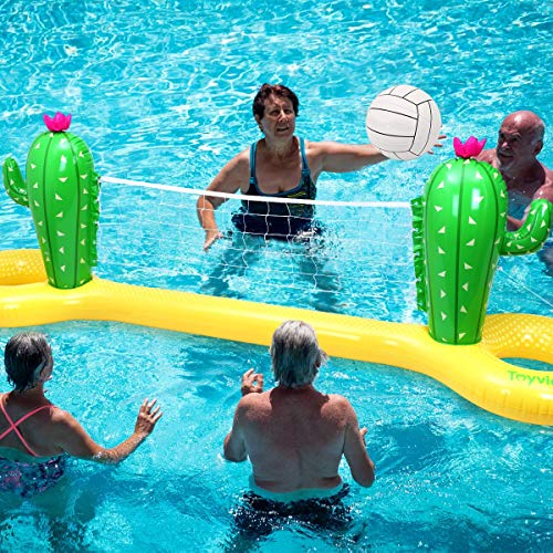 TOYANDONA Juego de Flotador de Piscina Inflable Red de Voleibol con 2 Bolas Cancha de Voleibol de Piscina Flotante de Cactus para Niños Y Adultos Juego de Natación de Juguete 300X70x100cm