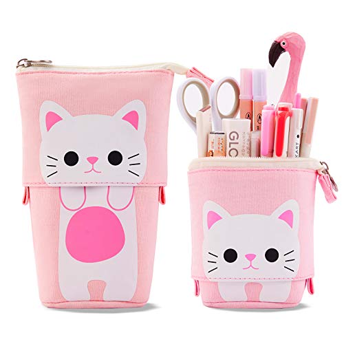 TOYESS Estuche Escolar Vertical para Niña, Telescópico Estuche Lapices para Regalo de Cumpleaños y Navidad, Gato Rosa