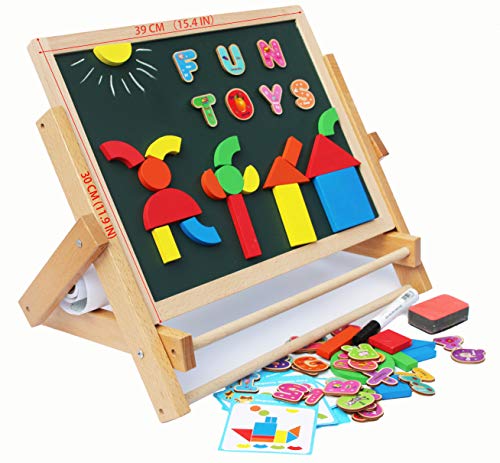 Toys of Wood Oxford TOWO Caballete de Madera para niños con Pizarra Blanca y Pizarra Negra. Dos Tableros magnéticos con Bandeja Madera - Números y Letras magnéticas y Rollo de Papel para Pintar