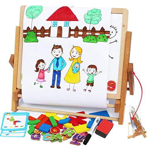 Toys of Wood Oxford TOWO Caballete de Madera para niños con Pizarra Blanca y Pizarra Negra. Dos Tableros magnéticos con Bandeja Madera - Números y Letras magnéticas y Rollo de Papel para Pintar