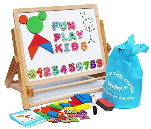 Toys of Wood Oxford TOWO Caballete de Madera para niños con Pizarra Blanca y Pizarra Negra. Dos Tableros magnéticos con Bandeja Madera - Números y Letras magnéticas y Rollo de Papel para Pintar