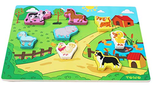 Toys of Wood Oxford TOWO Rompecabezas de Madera - Granja Shinnington con Animales- Juguetes de Madera para Niños Pequeños - Encajables de Animales de Granja para Bebes - Juguete Educational Infantil