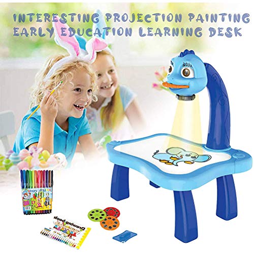 Trace and Draw Projector Toy,Kids Drawing Board Projector Painting Set, Child Learning Desk with Smart Projector Light Music Painting Set for Children (Blue)