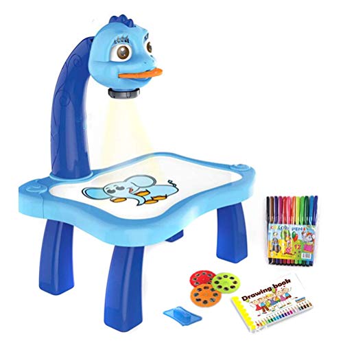 Trace and Draw Projector Toy,Kids Drawing Board Projector Painting Set, Child Learning Desk with Smart Projector Light Music Painting Set for Children (Blue)