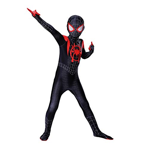 Traje De Cosplay con Estampado 3D Superhéroe Spider Man Miles Morales Disfraces Carnaval De Halloween Traje De Los Vengadores Traje De Disfraces para Fiestas Accesorios,Black-Kids(110~120cm)