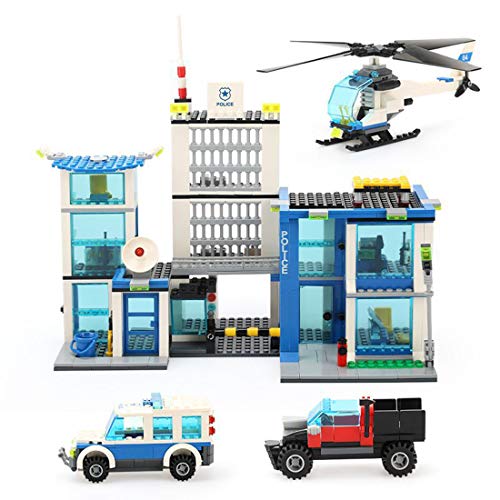 TRCS City Policía Juguetes de construcción, 882 piezas, centro de mando móvil con helicóptero, coche de policía, armas y minifigura para policía SWAT compatible con Lego 60139