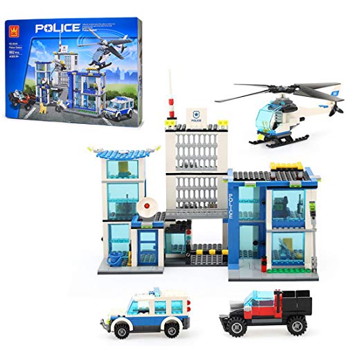 TRCS City Policía Juguetes de construcción, 882 piezas, centro de mando móvil con helicóptero, coche de policía, armas y minifigura para policía SWAT compatible con Lego 60139