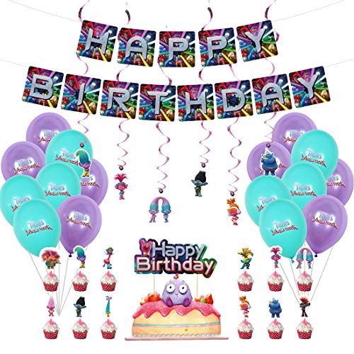 Troll Decoración de cumpleaños para niña, Feliz cumpleaños Conjunto de pancartas Troll Papel de Aluminio Globo Látex Confeti Fiesta en Globo Decoración Chica Novia