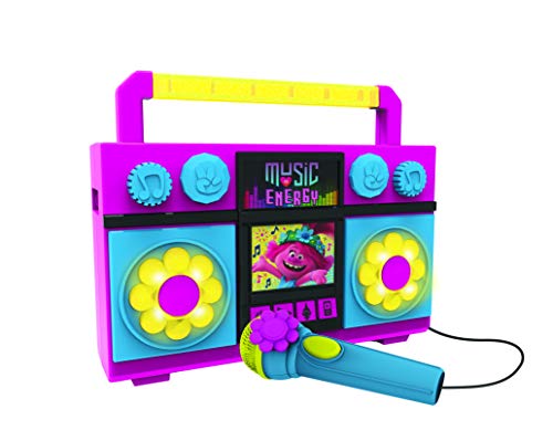 Trolls World Tour Chantez El Long de la Boombox con micrófono, música integrada, Luces Intermitentes, Verdadero micrófono de Trabajo para máquina de Karaoke para niños, Conecta un Reproductor MP3