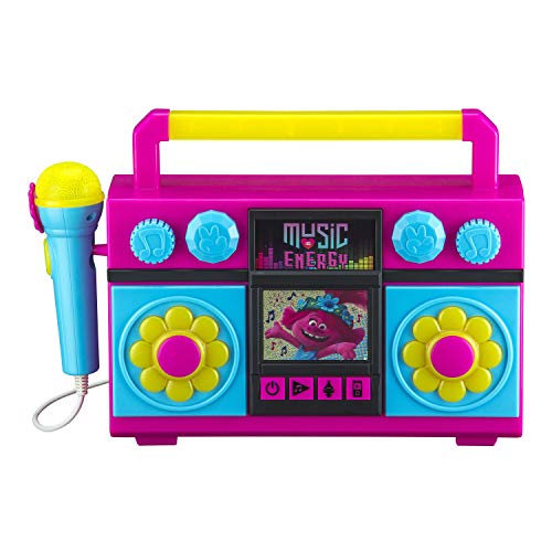 Trolls World Tour Chantez El Long de la Boombox con micrófono, música integrada, Luces Intermitentes, Verdadero micrófono de Trabajo para máquina de Karaoke para niños, Conecta un Reproductor MP3