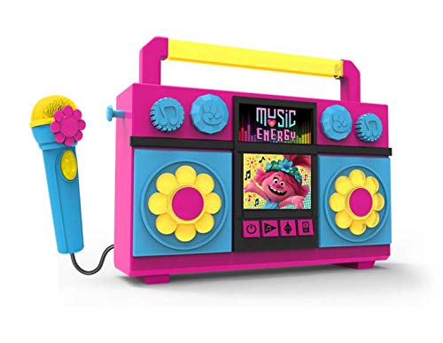 Trolls World Tour Chantez El Long de la Boombox con micrófono, música integrada, Luces Intermitentes, Verdadero micrófono de Trabajo para máquina de Karaoke para niños, Conecta un Reproductor MP3